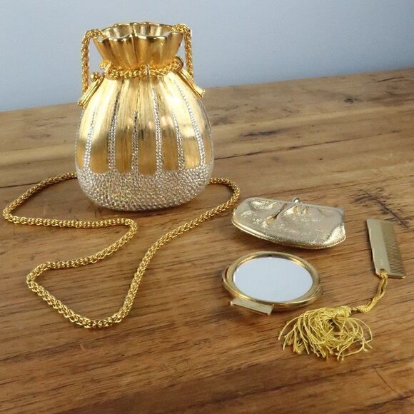 RARE JUDITH LEIBER VINTAGE GOLD WITH CRYSTALS EVENING BAG WITH ACCESSORIES  - Picture 1 of 14